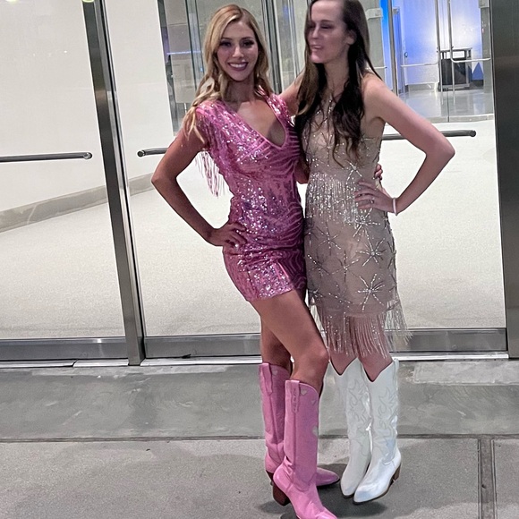 SUPERDOWN Carly Fringe Mini Dress Pink Sequin Small S Taylor Swift - Picture 2 of 8